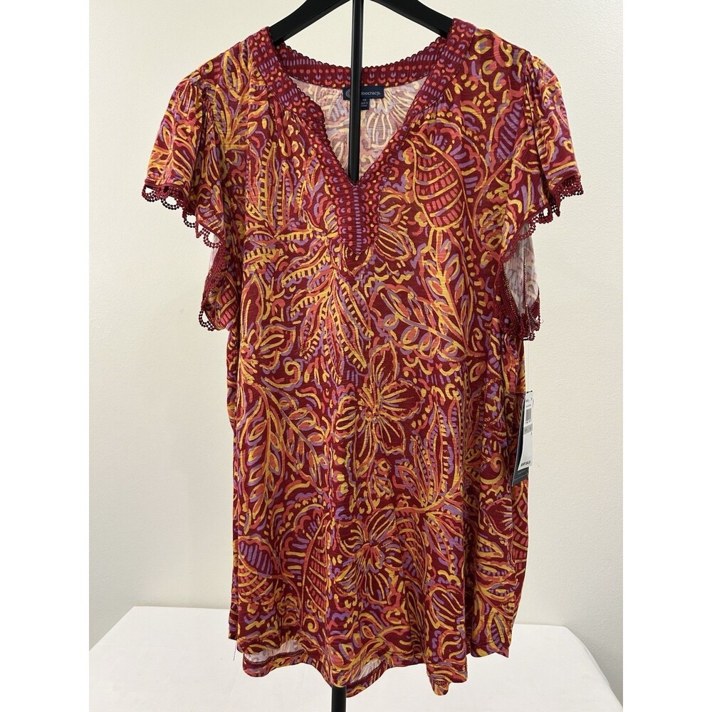 Democracy Womens 1X NWT Top Red Orange Floral Crochet Flutter Sleeve Boho